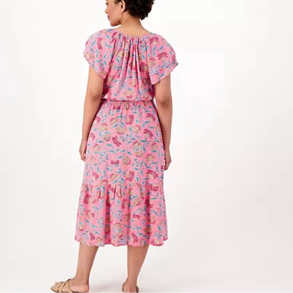 Destination 365 Printed Short Sleeve Smocked Midi Dress Turquoise Floral XL - Picture 7 of 7